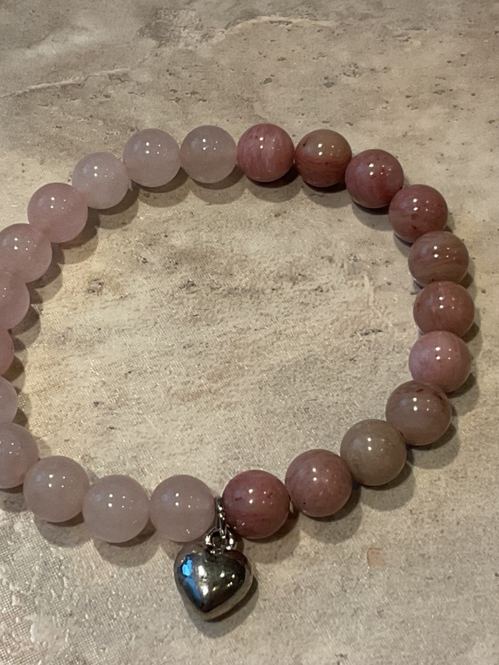 Pink Rose Quartz and Rhodonite Beaded Stretch Bracelet with Heart Charm